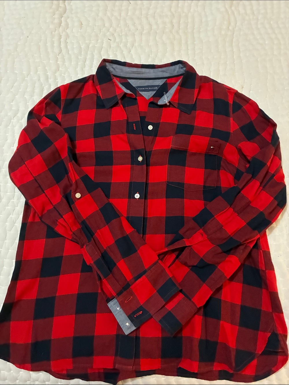 Tommy Hilfiger Red and Navy Blue Buffalo Plaid Button-Down Shirt